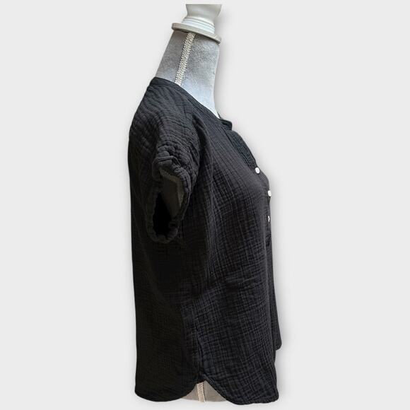 QUINCE Women’s Black Gauze Button Front Short Sleeve Top Size S - Picture 2 of 6